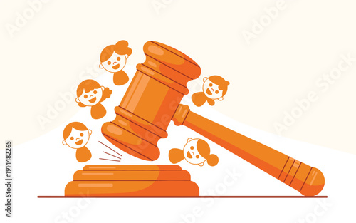A vector graphic illustration of a gavel with angry faces flying out of it, symbolizing frustration and conflict in a courtroom or legal setting.