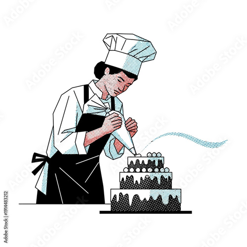 Baker decorating tiered cake with frosting