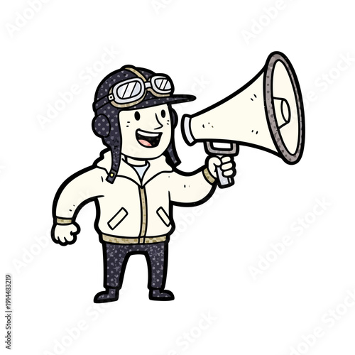 Cartoon aviator with megaphone announces news