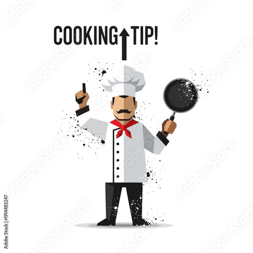 Chef giving cooking tip with frying pan and raised finger