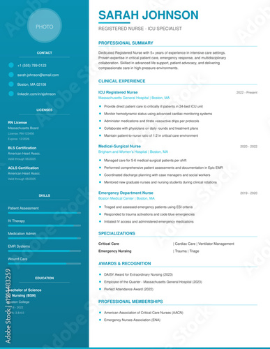 Professional nurse resume template with healthcare-specific sections. Editable SVG with licenses, certifications, clinical experience. Perfect for RN, ICU, ER, medical-surgical nurses. ATS-friendly.
