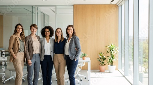 Diverse group of successful businesswomen smiling confidently in a modern, bright office setting
