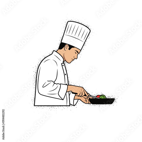Chef preparing food in pan, cooking, culinary, professional kitchen