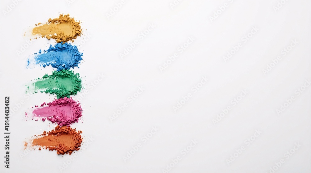 Fototapeta premium Vibrant Array of Pigmented Cosmetic Powders in Diverse Hues, Swatched Artistically on White Surface for Beauty and Makeup Concepts
