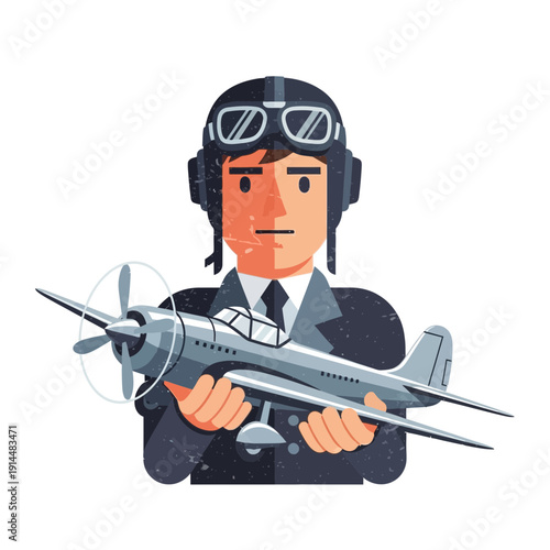 Pilot Holding Vintage Airplane Model