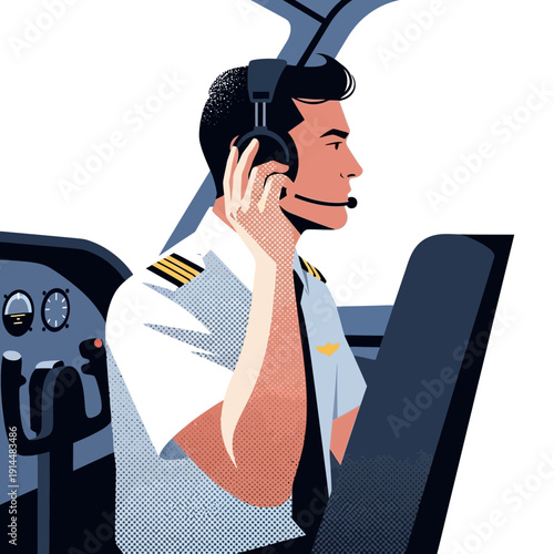 Pilot in cockpit adjusting headset, professional aviation illustration