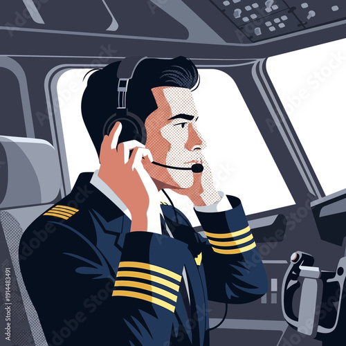 Pilot in cockpit wearing headset, adjusting headphones, preparing for flight
