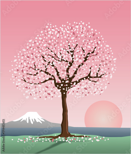 Cherry Blossom Tree with Mountain and Sun in the Distance