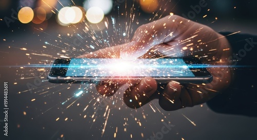 Hand holding a glowing smartphone with digital sparks effect.