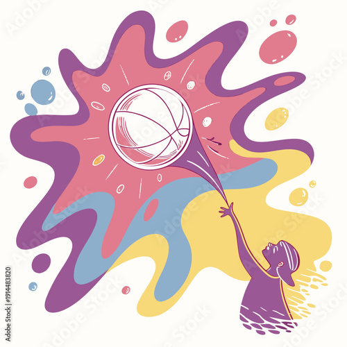 Whimsical abstract painting featuring a tennis ball and paintbrush in a colorful, artistic explosion