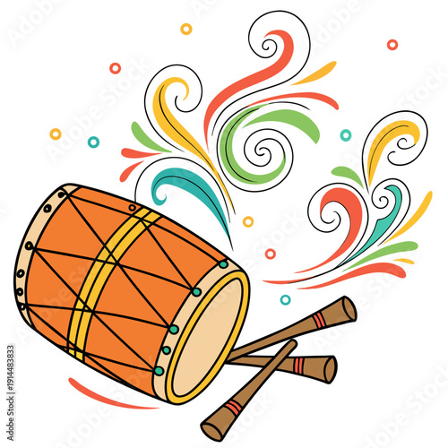 Vibrant illustration of a decorated drum with colorful swirls and drumsticks