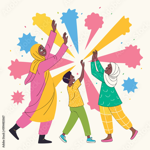 Diverse group of people celebrating with colorful confetti and balloons