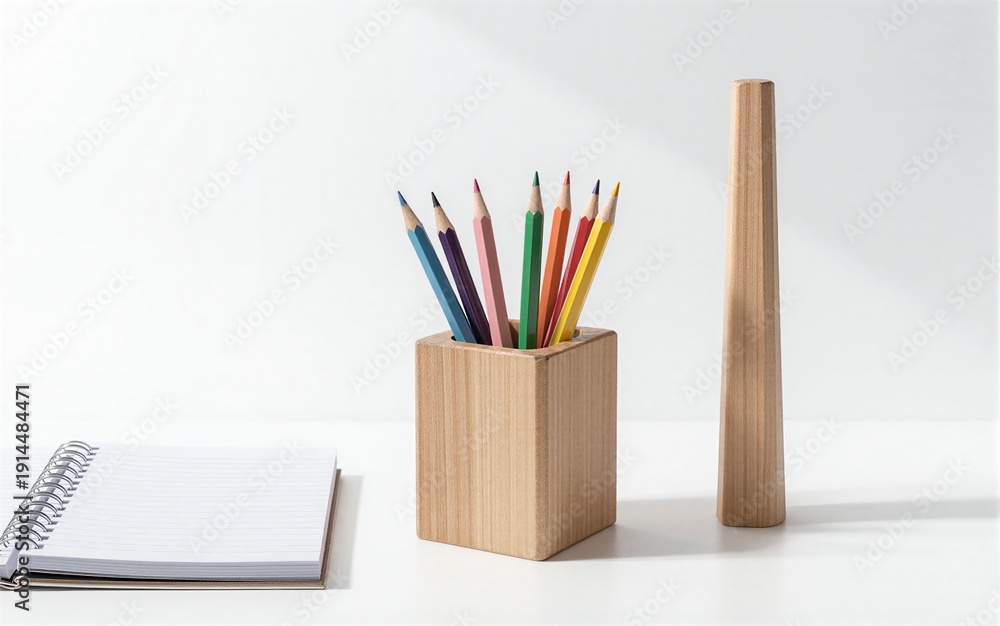 Obraz premium Colorful pencils in wooden holder beside notebook and tall pencil on clean white desk.