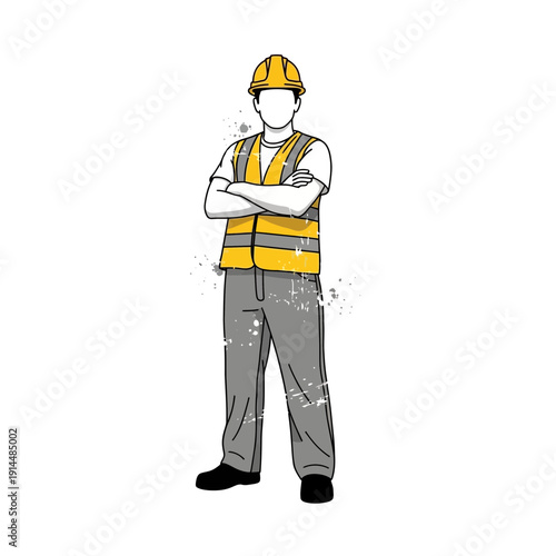 Construction worker in hard hat and safety vest, arms crossed, isolated on white.
