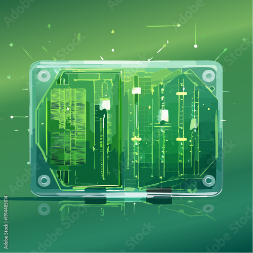 A vintage radio with a sound wave display emits signals on a green background