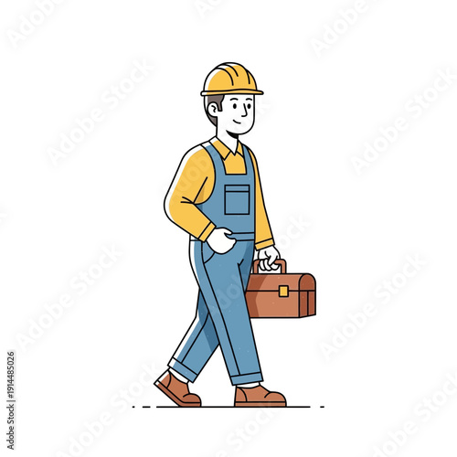 Construction worker in uniform walking with toolbox, white background