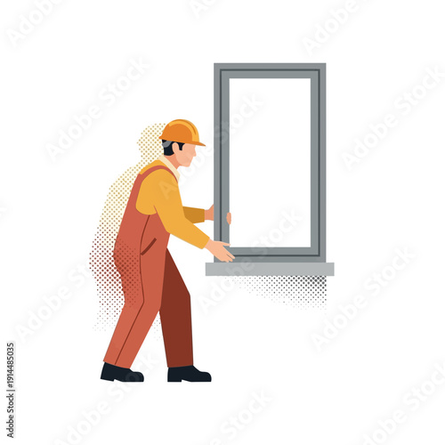 Construction worker installing window, building renovation, home improvement illustration