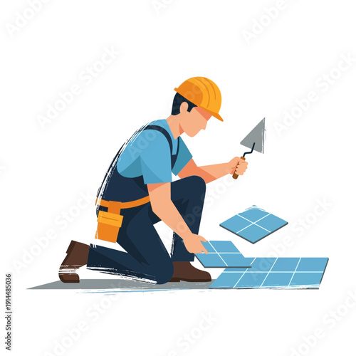 Construction worker laying tiles with trowel