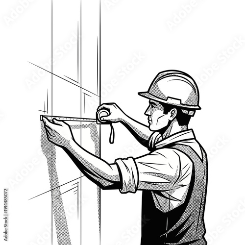 Construction worker measuring wall with tape measure, hard hat, blueprint lines