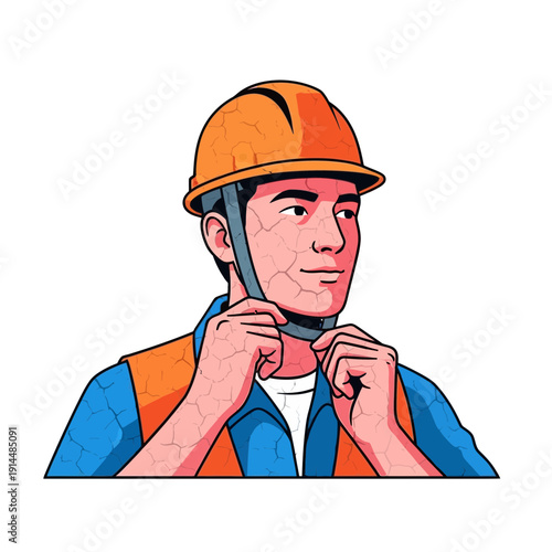 Construction worker putting on orange safety helmet and vest, isolated