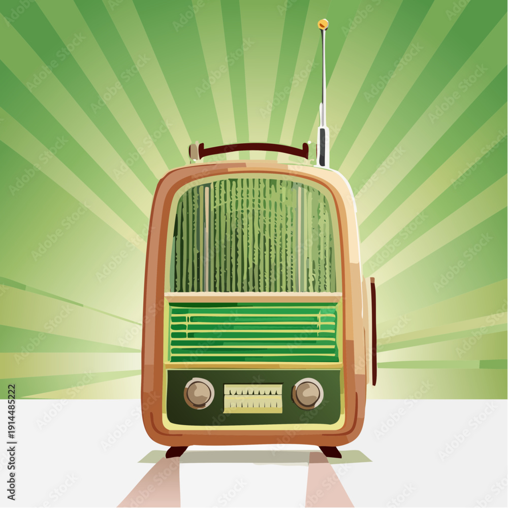 Obraz premium The vintage green retro radio sits on a table indoors emitting signals