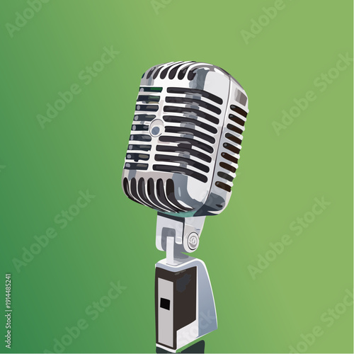 An illustration of a vintage microphone on a stand against a green background