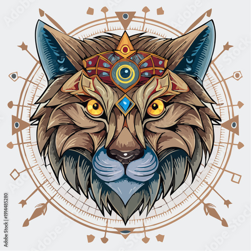 Astrological wolf head with compass rose and symbols on forehead illustration