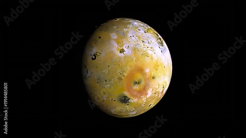 A striking view of Io, Jupiter’s most volcanically active moon, shown against the deep blackness of space.