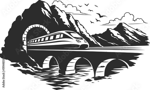 High Speed Train Crossing Mountain Bridge Scenic Illustration.