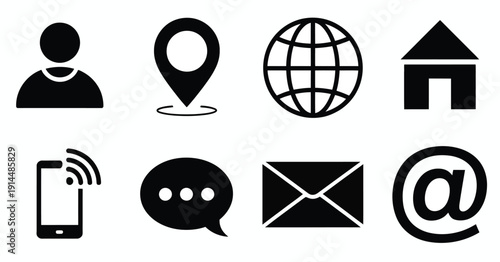 Contact us outline icon collection featuring name, address, location, phone, messenger, postal address, and email symbols, perfect for business cards, websites