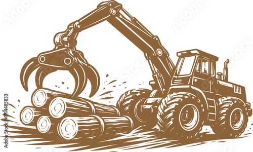 Forestry Excavator Loading Logs Heavy Equipment Illustration.