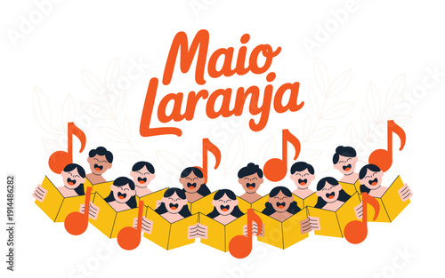 A vibrant illustration of children singing in harmony with musical notes and the text Maio Laranja in orange