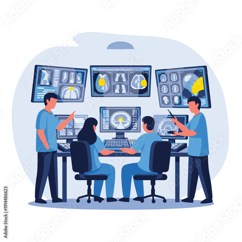 Medical Imaging Team Analyzing CT/MRI Scans in Control Room