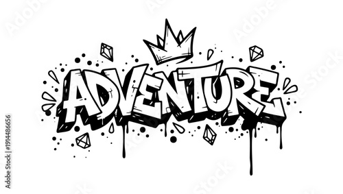 Adventure word graffiti street art style with crown and diamond elements