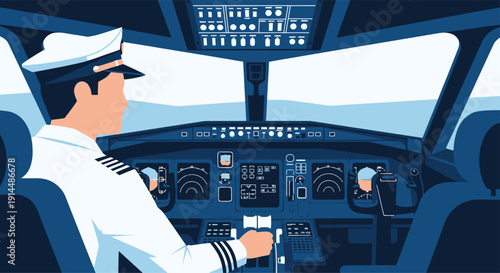 Pilot in cockpit of airplane with control panels and instruments