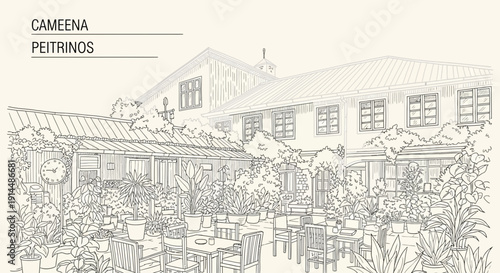Cameena Peitrinos restaurant exterior sketch, outdoor dining, greek architecture