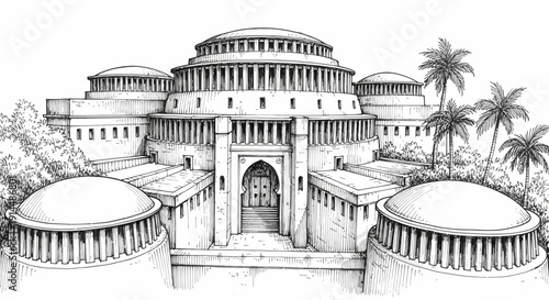 ancient architecture illustration, detailed building facade, historical structure