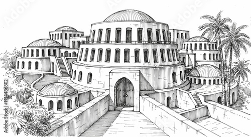 ancient city architecture, detailed line art illustration