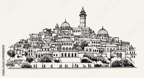 cityscape drawing, architectural illustration, urban sketch, historical buildings