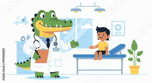 Cartoon Alligator Doctor Examining Young Patient.