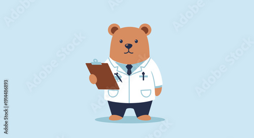 Cartoon Bear Doctor Holding Clipboard.