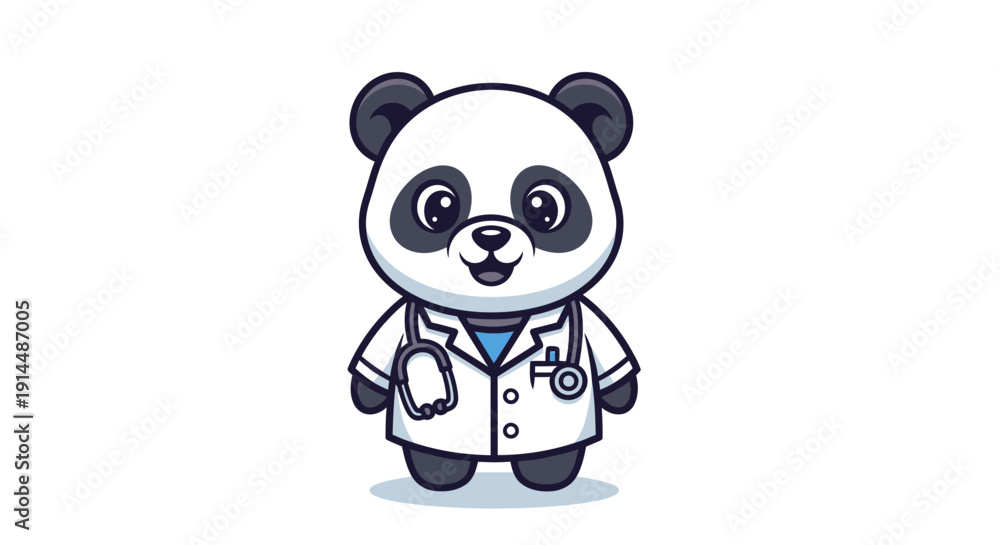 Fototapeta premium Cartoon Panda Doctor Wearing White Coat Stethoscope.