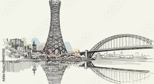 kyiv cityscape sketch, bridge and water reflection