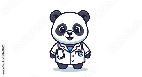 Cartoon Panda Doctor Wearing White Coat Stethoscope.