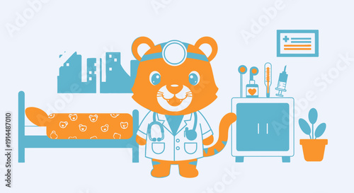 Cartoon Lion Doctor in Lab Coat.