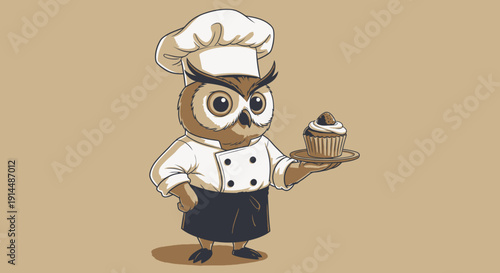Cartoon Owl Chef Holding Cupcake Illustration.