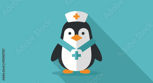Cartoon Penguin Wearing Nurse Hat and Stethoscope.