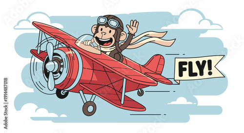 Cartoon Pilot Flying Red Vintage Biplane.