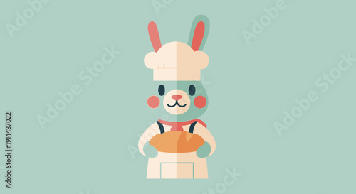 Cartoon Rabbit Chef Baking in Kitchen.