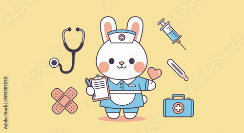 Cartoon Rabbit Doctor with Medical Tools.